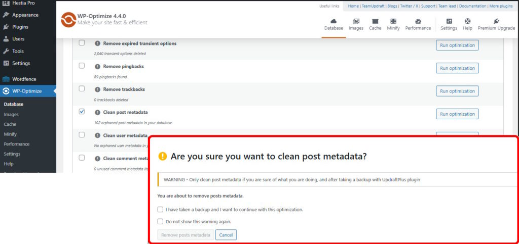 wp-optimize-clean-post-metadata-warning-1024x483 Fix Orphaned Post Metadata in WordPress